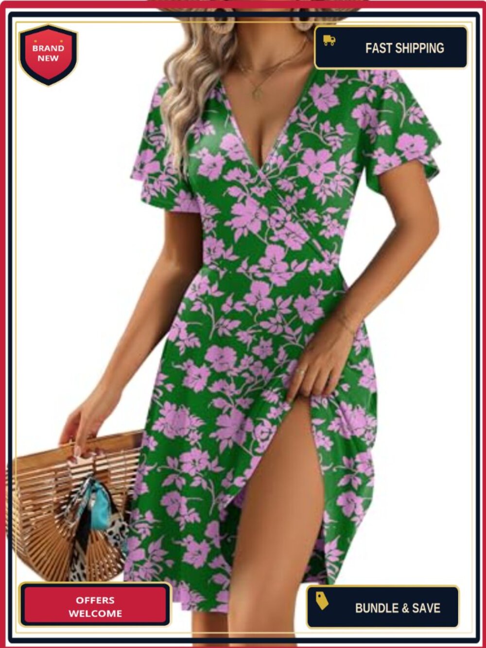 Women's A-Line Wrap V-Neck Dress with Pockets, Ruffle Short Sleeve Floral